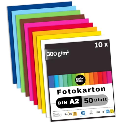 perfect ideaz 500 Blatt Fotokarton DIN-A2, 10 Farben, stabiler recycling Karton 300 g/m², Made in Germany, Blauer Engel zertifiziert (10 x 50 Blatt) von perfect ideaz