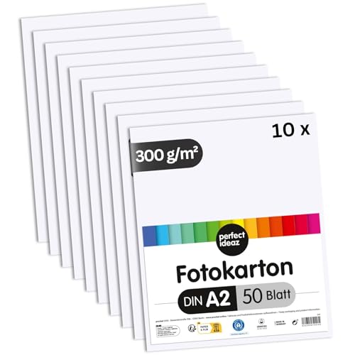 perfect ideaz 500 Blatt Fotokarton DIN-A2, Weiß, stabiler recycling Karton 300 g/m², Made in Germany, Blauer Engel zertifiziert (10 x 50 (500 Blatt)) von perfect ideaz