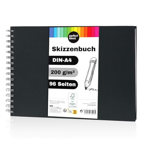 perfect ideaz - Skizzenbuch DIN-A4 Quer, Spiralbindung, FSC® zertifiziert, 96 Seite (48 Blatt), Hardcover Schwarz, Sketchbook, 200 g/m² dickes Papier, säurefrei von perfect ideaz