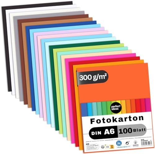 perfect ideaz - 100 Blatt Foto-Karton DIN-A6, 20 Farben, 300 g/m², made in Germany, Blauer Engel zertifiziert von perfect ideaz