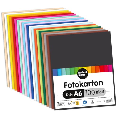 perfect ideaz - 100 Blatt Foto-Karton DIN-A6, 20 Farben, 300 g/m², made in Germany, Blauer Engel zertifiziert von perfect ideaz