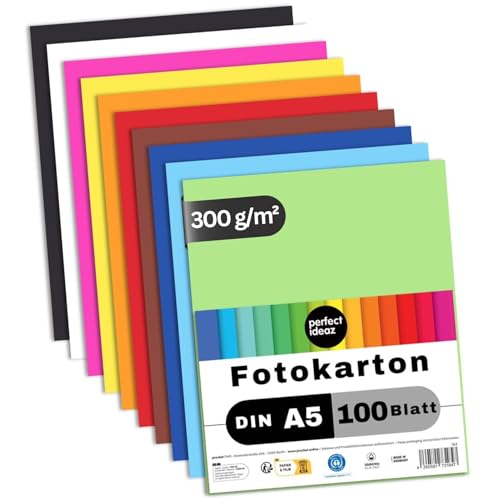 perfect ideaz • 100 Blatt Fotokarton DIN-A5, 10 Farben, 300 g/m², MADE IN GERMANY von perfect ideaz