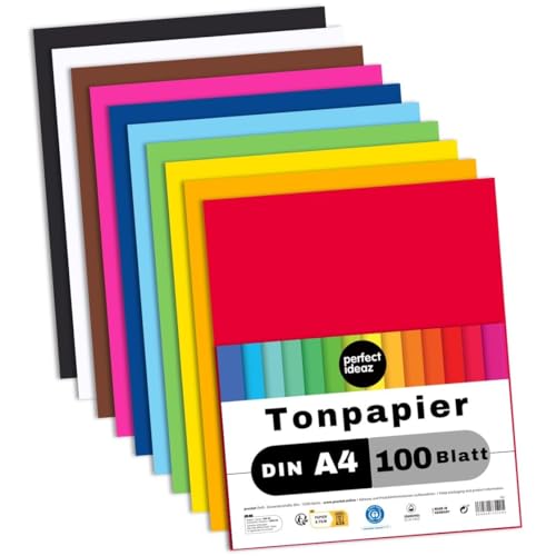 perfect ideaz - 100 Blatt Tonpapier DIN-A4, 10 Farben, 130 g/m², Made in Germany, Blauer Engel zertifiziert von perfect ideaz