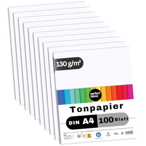 perfect ideaz - 100 Blatt Tonpapier DIN-A4, Weiß, 130 g/m², made in Germany, Blauer Engel zertifiziert von perfect ideaz