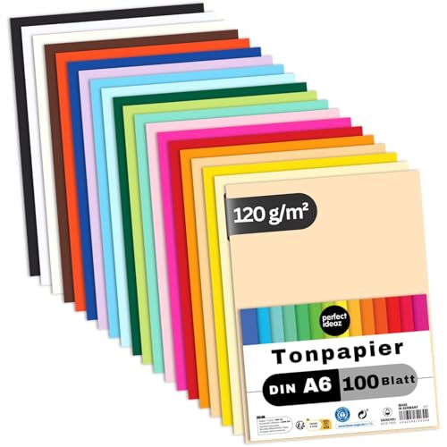 perfect ideaz • 100 Blatt Tonpapier DIN-A6, 20 Farben, 120 g/m², made in Germany, Blauer Engel zertifiziert von perfect ideaz