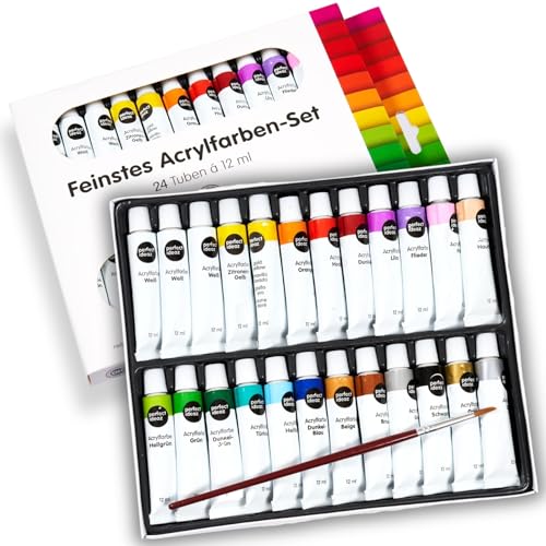 perfect ideaz - Acrylfarben Set - 24 x 12 ml inkl. Pinsel - Kreatives Farbspektakel - ungiftig – inspirierendes Malen für Kinder & Erwachsene - Professionelle Qualität von perfect ideaz