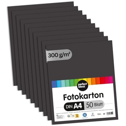 perfect ideaz - 50 Blatt Fotokarton DIN-A4, Schwarz, 300 g/m², made in Germany, Blauer Engel zertifiziert von perfect ideaz