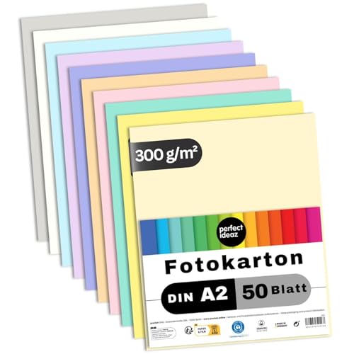 perfect ideaz - 50 Blatt Fotokarton DIN-A2, 10 Farben, stabiler recycling Karton 300 g/m², Made in Germany, Blauer Engel zertifiziert von perfect ideaz