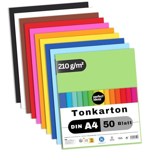 perfect ideaz - 50 Blatt Tonkarton DIN-A4, 10 Farben, 210g /m², made in Germany, Blauer Engel zertifiziert von perfect ideaz