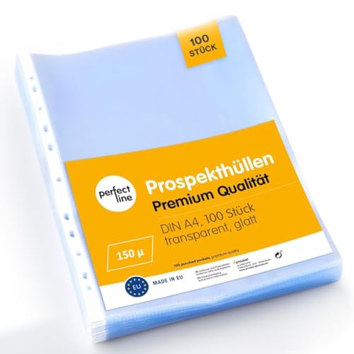 perfect line - 100 Prospekthüllen DIN-A4 - extra stark 150 my, transparent, glas-klar - Premium-Qualität für Büro, Schule, Zuhause - dokumentenecht, säurefrei von perfect line