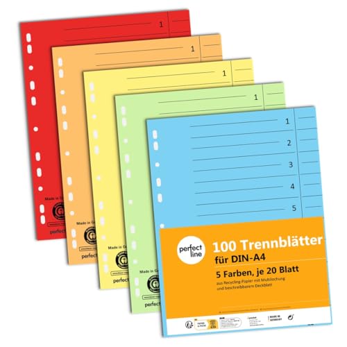 perfect line - 100 Trennblätter, 5 Farben - stabiles Recycling-Papier, für DIN-A4 Ordner und Ringbücher - Blauer Engel zertifiziert, Made in Germany von perfect line