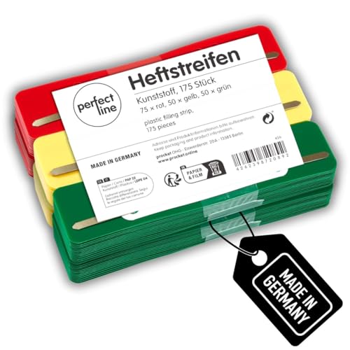 perfect line - 175 Heftstreifen, 3 Farben - 4-Fach-Lochung, aus recycelbarem PP-Kunststoff - Made in Germany von perfect line