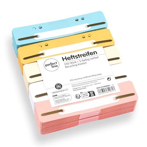 perfect line - 250 Heftstreifen Pappe - Aktendulli aus recycling Karton, 5 Farben - Abheftstreifen Made in Germany - Heftlaschen Blauer Engel zertifiziert von perfect line