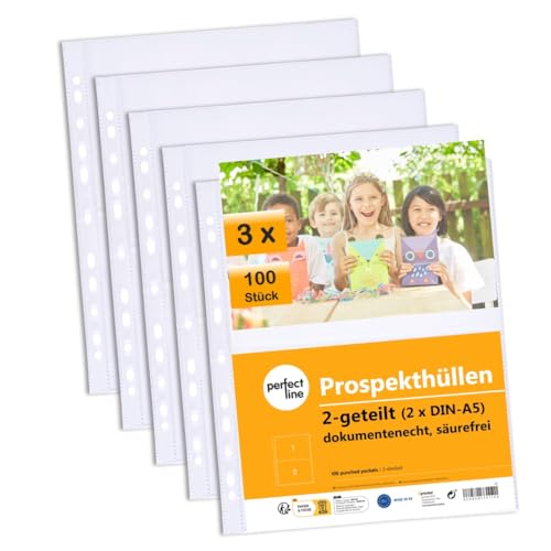 perfect line 300 Sammelhüllen 2-geteilt DIN-A4, Fotothüllen transparent, Prospekthüllen Glasklar, Klarsichtfolien Extra-Stark, dokumentenecht (3 x 100 (300 Stk.)) von perfect line