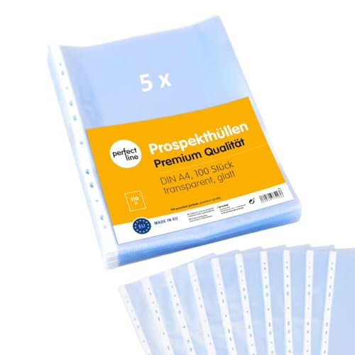 perfect line 500 Prospekthüllen A4, Klarsichtfolien Glasklar, Extra-Stark, 110 my, dokumentenecht, säurefrei - (5x 100 Stk.) von perfect line