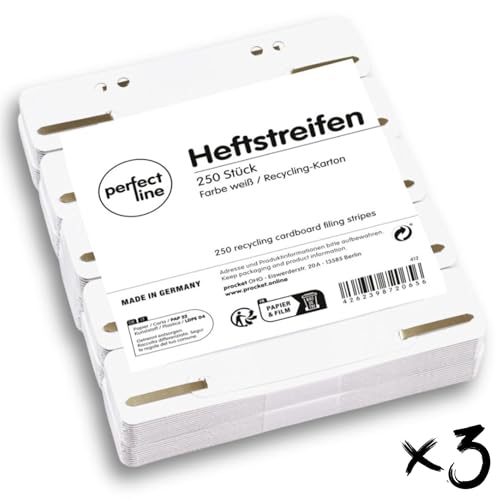 perfect line 750 Heftstreifen Pappe, Weiß, recycling Karton, 250 g/m², MADE IN GERMANY (3 x 250 Stk.) von perfect line