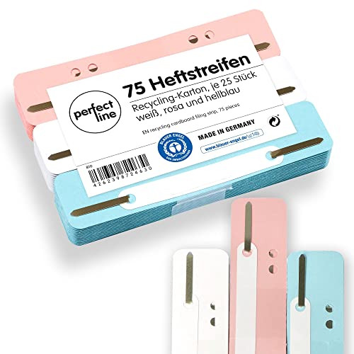perfect line • 75 Heftstreifen Pappe, recycling Karton, 250 g/m², MADE IN GERMANY (Weiß, Rosa, Hellblau) von perfect line