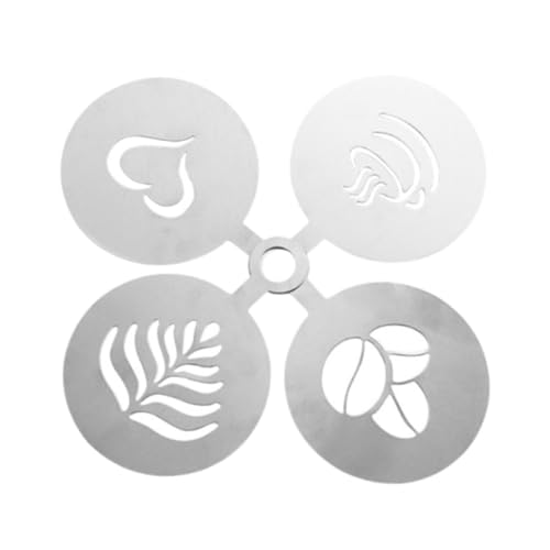 perfk 4-teiliges Kaffee-Schablonen-Set, künstlerische Schablonen, Latte-Kaffee-Designs, praktische Latte-Art-Schablonen aus Metall für Cappuccino, Kuchen, Silber von perfk