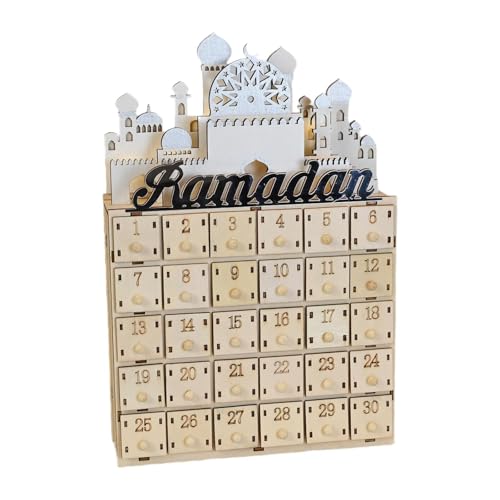 perfk LED Ramadan Adventskalender mit 30 Lagerschubladen Holz Eid Mubarak Dekoration für Schlafzimmer Wohnzimmer Bauernhaus von perfk