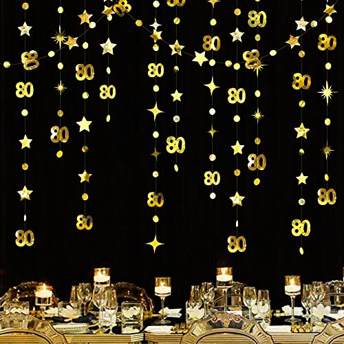 Gold 80. Geburtstag Dekorationen Nummer 80 Kreis Dot Twinkle Star Girlande Metallic Hanging Streamer Bunting Banner Backdrop für 80 Year Old Happy Birthday 80th Anniversary Eighty Party Supplies von pinkblume