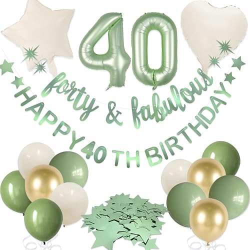 Sage Green 40th Birthday Decorations for Women Forty & Fantastic Happy 40th Birthday Banner Garland Foil Balloon 40 for Womens 40 and Fabulous Cheers to 40 Years Old Birthday Party Supplies Backdrop von pinkblume