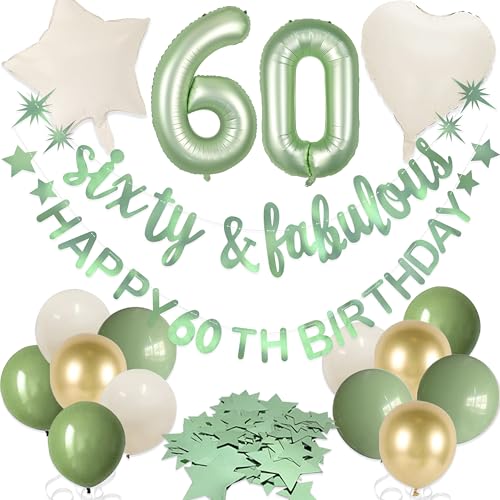 Sage Green Sixty & Fabulous Happy 60th Birthday Banner Girlande Folienballon 60 für Damen zum 60. Geburtstag Dekorationen zum 60. Geburtstag und fabelhafte Prost bis 60 Jahre alt Geburtstag Party von pinkblume