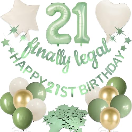 Salbeigrün Endlich Legal Happy 21st Birthday Banner Girlande Folienballon 21 für 21. Geburtstag Dekorationen Hängende Twenty One Birthday Decor für Mädchen Jungen Cheers to 21 Years Birthday Party von pinkblume