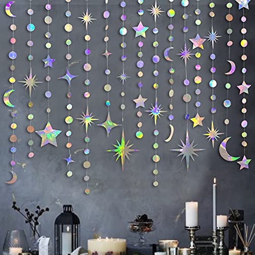 Schillernde Stern-Mond-Kreis-Punkt-Girlande-Party-Dekorations-Set Hängende Halbmond und Twinkle Little Star Streamer Banner für Kinder Erster Geburtstag Ramadan EID Mubarak deko (Iridescent Star Moon) von PinkBlume