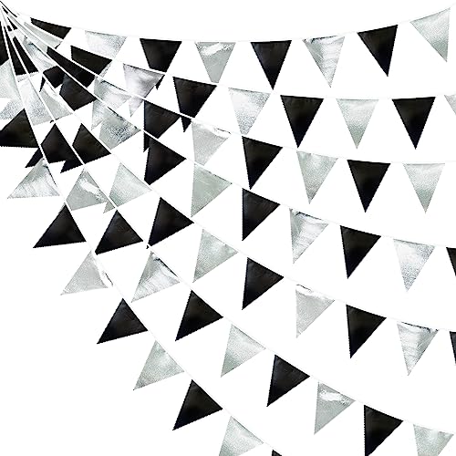 Schwarz und Silber Party Dekorationen Dreieck Wimpel Banner Flagge Metallic Stoff Wimpelkette Girlande für Geburtstag Abschluss Ruhestand Hochzeit Bachelorette Brautdusche Verlobung Disco Party von pinkblume