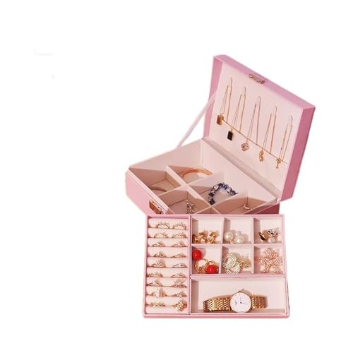 Doppellagige Schmuckschatulle aus Holz, Ringbox, Schmuckkästchen und Verpackung mit PU-Leder Schmuckaufbewahrung und Make-up-Etui (doppellagig, rosa) von pipisweet