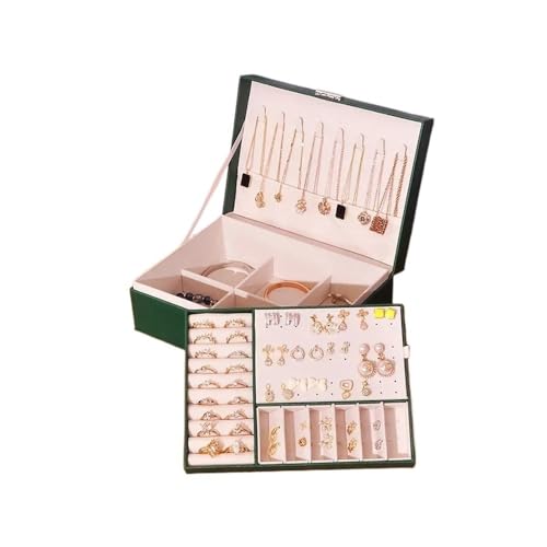 pipisweet Doppellagige Schmuckschatulle aus Holz, Ringbox, Schmuckkästchen und Verpackung mit PU-Leder Schmuckaufbewahrung und Make-up-Koffer (Ohrnägel-Stil, grün) von pipisweet