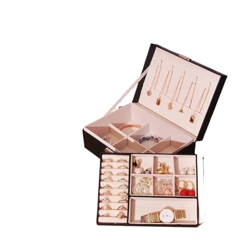 pipisweet Doppelschichtige Schmuckschatulle aus Holz, Ringbox, Schmuckschatullen und Verpackung mit PU-Leder-Schmuckaufbewahrung Organizer und Make-up-Koffer (Double Layer Black) von pipisweet