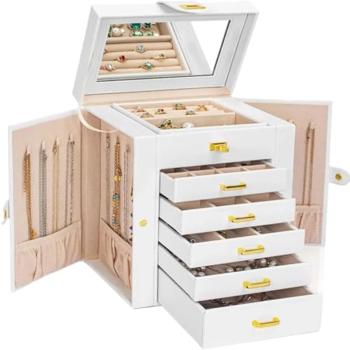 pipisweet Große Schmuckschatulle, 6-stöckig, PU-Leder, Schmuck-Organizer mit Schloss, multifunktionale Aufbewahrungsbox mit Spiegel, Zubehörhalter, Weiß von pipisweet