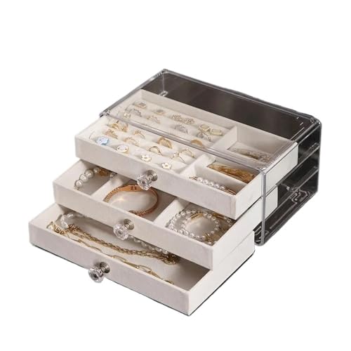 pipisweet Schmuck-Organizer, 3-lagig, transparent, groß, für Ringe, Halsketten, Ohrringe, Make-up, Samt, Schmuckschatulle für Damen (79 grau) von pipisweet