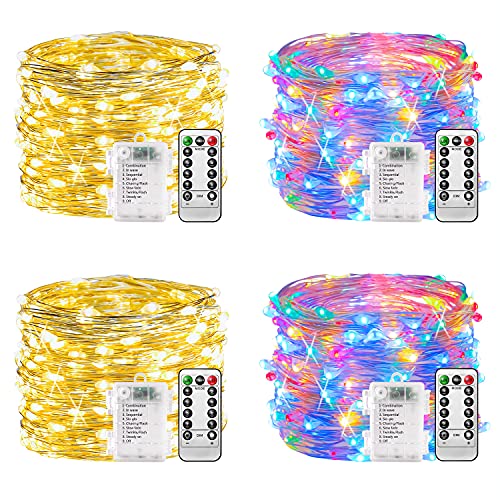 plainshe Lichterkette Batterie - 4 Stk, 100LED Lichterkette 10m 8 Modi Fernbedienung, Timer Dimmbar Lichterkette Draht Akku, Halloween Lichterkette Batteriebetrieben Wasserdicht.(2 Warmweiß & 2 Bunt) von plainshe