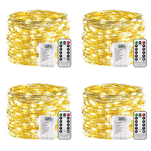 Lichterkette Batterie - 4 Stk, 100 LED Lichterkette 10m 8 Modi Fernbedienung, Timer Lichterkette Draht, Warmweiß Dimmbar Lichterkette Akku, Weihnachten Lichterkette Batteriebetrieben Wasserdicht von plainshe