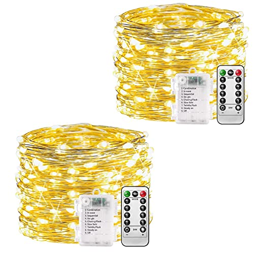 plainshe Lichterkette Batterie - 2 Stk, 100 LED Lichterkette 10m 8 Modi Fernbedienung, Timer Lichterkette Draht, Warmweiß Dimmbar Lichterkette Akku, Weihnachten Lichterkette Batteriebetrieben von plainshe