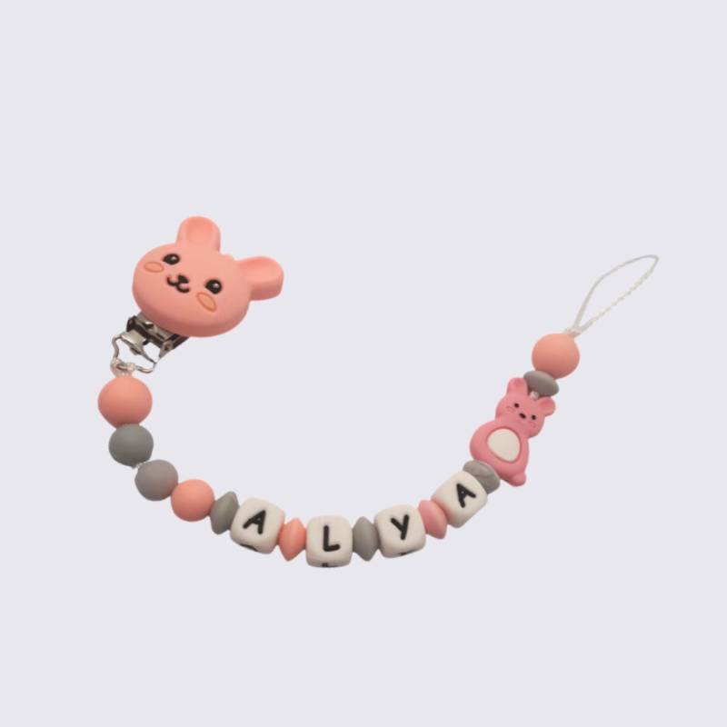 Personalisierter Rosa Hasen-Schnullerclip/Grau Personalisiertes Geburtsgeschenk Für Mädchen von planetebebe