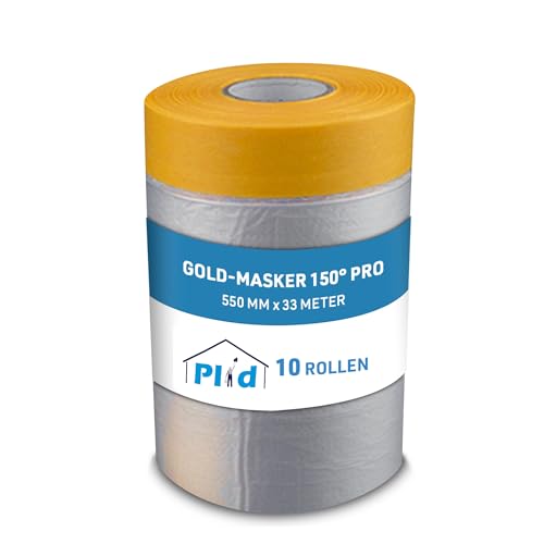 Plid® Gold-Masker 150° Pro Abdeckfolie mit Klebeband [10x550mm] - Hochwertiges Abklebeband mit Folie, Kombiniertes Goldband Klebeband, Für Innen- und Außenanstriche, UV-Resistent & scharfe Farbkanten von Plid