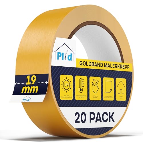 Plid® Goldband Malerkrepp [Wasserabweisend] - Malerklebeband Nassfest - Innen & Außen - Abklebeband Maler, verhindert Unterlaufen von Farben - Painters Tape - Klebeband Maler (19mm, 20 Rollen x 50m) von Plid