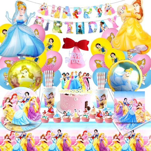 Prinzessin Geburtstag Deko,100pcs Prinzessin Partygeschirr Set, Prinzessin Luftballons,Teller Tischdecke Servietten,Prinzessinnen Tortendeko,Prinzessin Party Deko für Mädchen von polrsgh