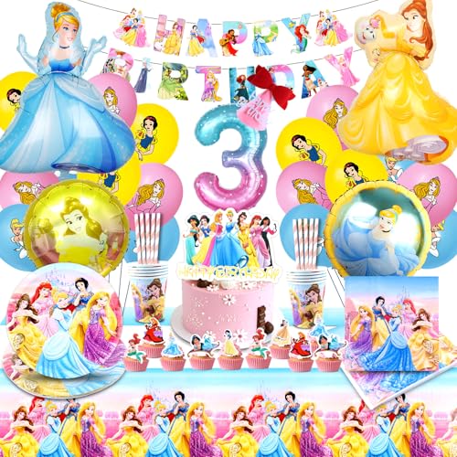Prinzessin Geburtstag Deko 3 jahre,101pcs Prinzessin Partygeschirr Set, Prinzessin Luftballons,Teller Tischdecke Servietten,Prinzessinnen Tortendeko,Prinzessin Party Deko für Mädchen von polrsgh