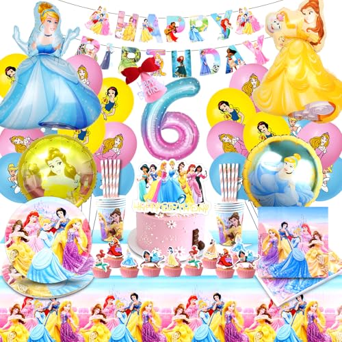 Prinzessin Geburtstag Deko 6 jahre,101pcs Prinzessin Partygeschirr Set, Prinzessin Luftballons,Teller Tischdecke Servietten,Prinzessinnen Tortendeko,Prinzessin Party Deko für Mädchen von polrsgh