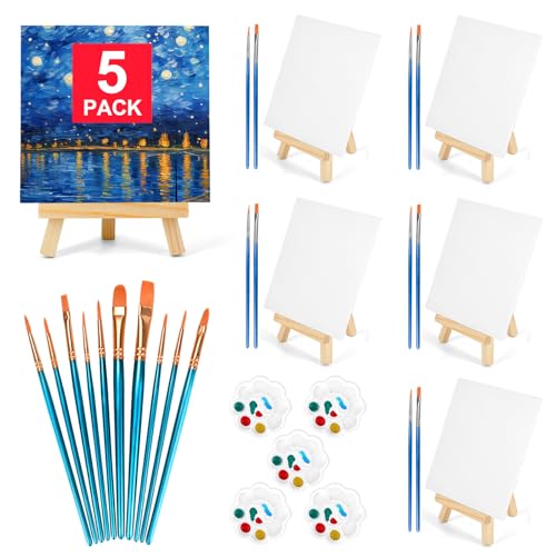 5 Stück 15 cm Leinwandtafeln zum Malen, Kunstleinwand zum Zeichnen mit 20 Pinseln und 5 Farbschalen, Mini-Malleinwand mit Staffelei-Set, Malsets für Erwachsene und Kinderpartys von pomaylor