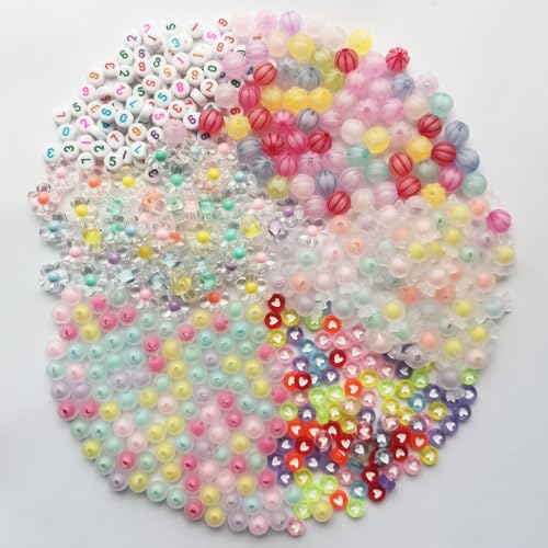 PONEZG Perlen für Armbänder, Bracelet making kit beads, 480 pcs cute herz, Blumen, Süßigkeiten, Perlen Zahlen Mix bunt acrylperlen transparent Perlen, DIY-Satz Perlen zum auffädeln kinder von ponezg