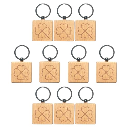 PONEZG Schlüsselanhänger Holz Kleeblatt Vierblättrig Quadratisch, Kleeblatt Glücksbringer, Kleeblatt Schlüsselanhänger Schlüsselring Rohlinge für Geschnitzt Bemalen, Wooden Keychain (10Stück, 4cm) von ponezg