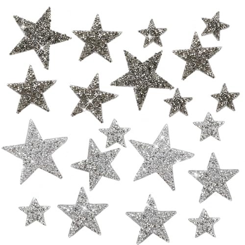 ‎posionks 20 Stück Bügelbild Applikation Stern Fünfzackiger S tern Aufnäher Strass Bügelbilder Glitzer Glänzende Stern-Aufbügelflicken 4/6/8cm für DIY, Kleidung, Rucksack, Hut, Jeans, Schuhe von posionks