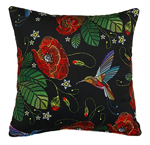 postergaleria Sofa Kissen 40 x 40 cm, mit dem Aufdruck eines Kolibris und roter Mohnblumen, schwarz – Dekokissen mit Velours-Polsterstoff mit weicher Füllung – zur Dekoration im Wohnzimmer von postergaleria