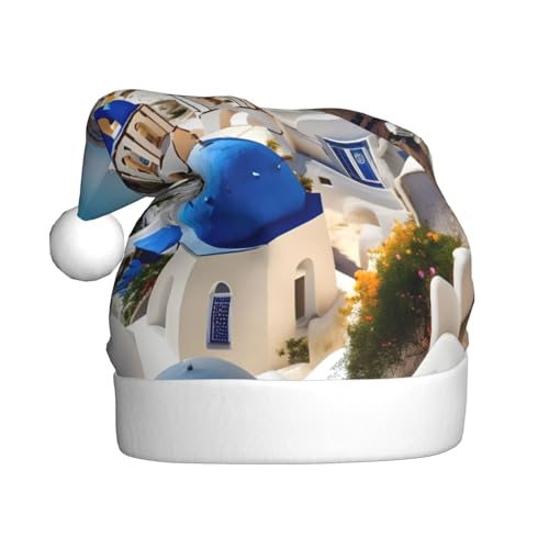 ppynte Santorini Griechische Insel mit Meerblick, 1 Stück, Plüsch-Weihnachtsmannmütze, bequeme Weihnachtsmütze, passend für Weihnachten, Neujahr, Party, Kopfbedeckung von ppynte