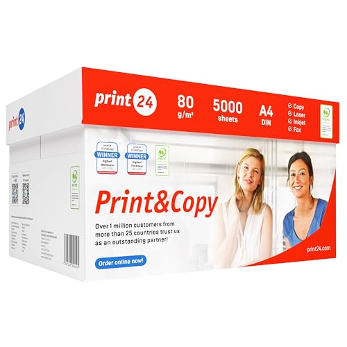 print24 Druckerpapier Kopierpapier 5000 Blatt 10 x 500 A4 80g Premium Weiß Testsieger PEFC von print24